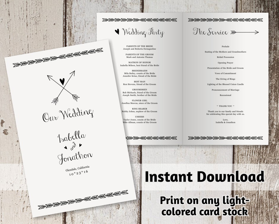 Printable Wedding Program Template Folded Program Boho Heart