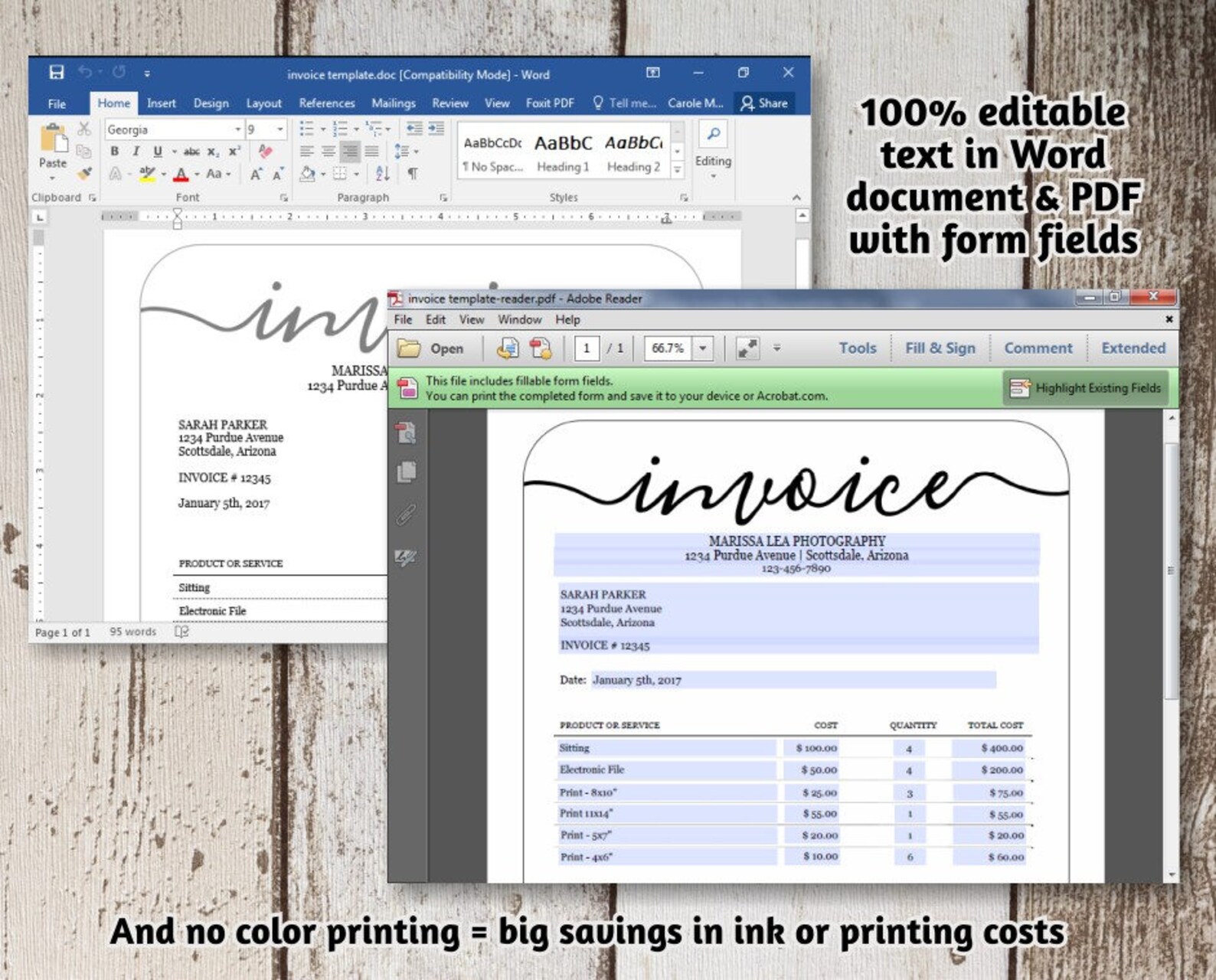 Printable Invoice Template - NO COLOR INK - Word, Pdf Download ...
