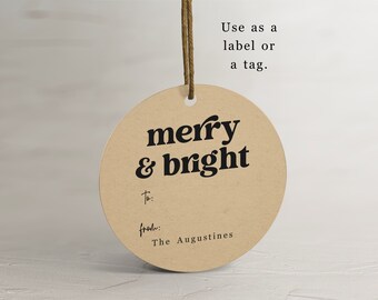 Printable Custom Christmas Gift Tag / Sticker Template - Merry & Bright - Round Holiday Favor Tag Sticker, Personalize File Instant Download