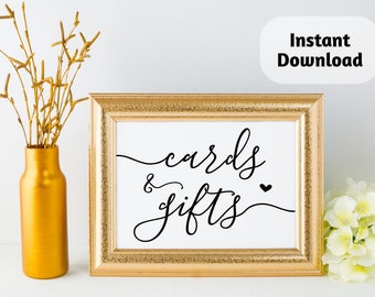 Calligraphy Cards & Gifts Sign Printable Template - DIY Rustic Wedding Reception Poster w Heart | PDF and JPG, 5x7 and 8x10 Instant Download