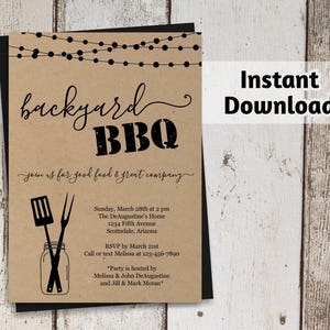 May include: A printable invitation for a backyard BBQ party. The invitation is brown with black text and graphics. It says "backyard BBQ" and "join us for good food & great company". The invitation includes the date, time, location, and RSVP information.