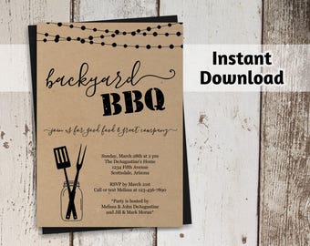 Printable Backyard BBQ Invitation Template - Barbeque Party, Barbecue - Rustic Mason Jar, Kraft Paper - Instant Download Digital File PDF