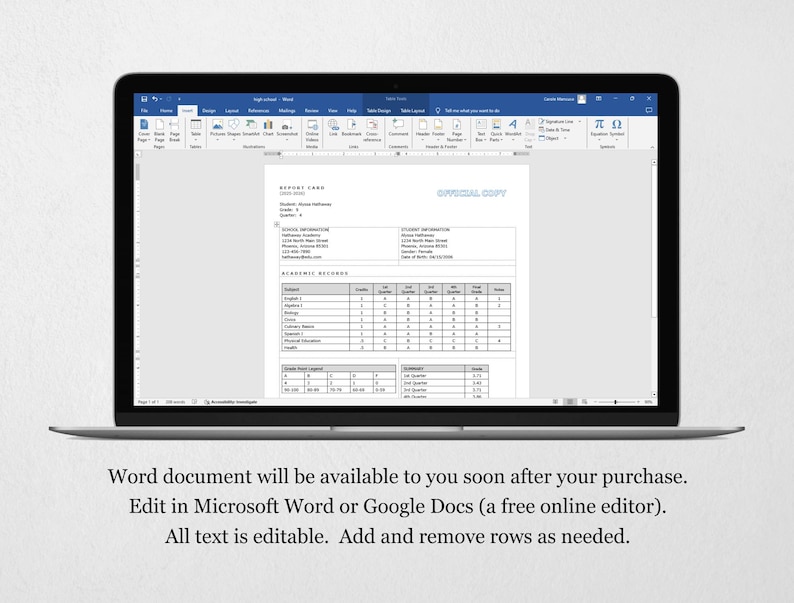 May include: A computer screen displaying a report card template in a Microsoft Word document. The template includes sections for student information, academic records, and grades. The text "OFFICIAL COPY" is visible at the top of the document.