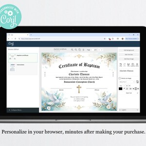 Op de afbeelding: Een digitale doopcertificaatsjabloon weergegeven op een laptopscherm. Het certificaat heeft elegant schrift, bloemaccenten en een duifillustratie. De tekst luidt "Certificate of Baptism" en "Personalize with Corjl."