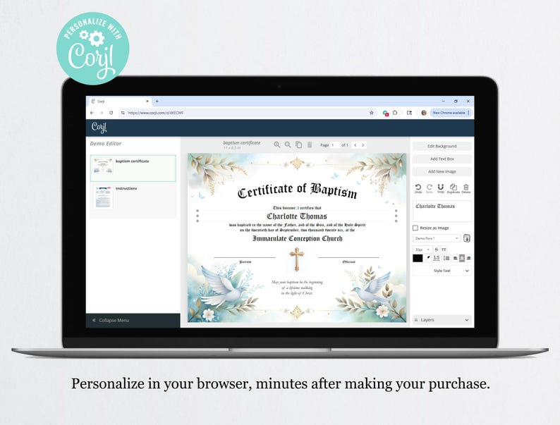 Op de afbeelding: Een digitale doopcertificaatsjabloon weergegeven op een laptopscherm. Het certificaat heeft elegant schrift, bloemaccenten en een duifillustratie. De tekst luidt "Certificate of Baptism" en "Personalize with Corjl."