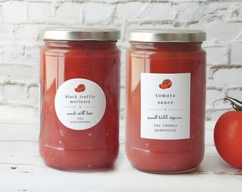 Tomato Sauce Labels - Personalized 2" Round and Rectangle, Marinara, Pasta, Salsa, Pizza, Bloody Mary Mix Stickers - Water & Oil Resistant