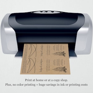 May include: A black and silver printer printing two brown cards with black text. The text on the cards reads "helyard albefion helyerli chapon" and "THE MARTIN FAMILY". The text below the printer reads "Print at home or at a copy shop. Plus, no color printing = huge savings in ink or printing costs".