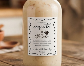 Etiqueta Coquito, pegatina imprimible para botella de ponche de huevo casero puertorriqueño, plantilla editable en Canva