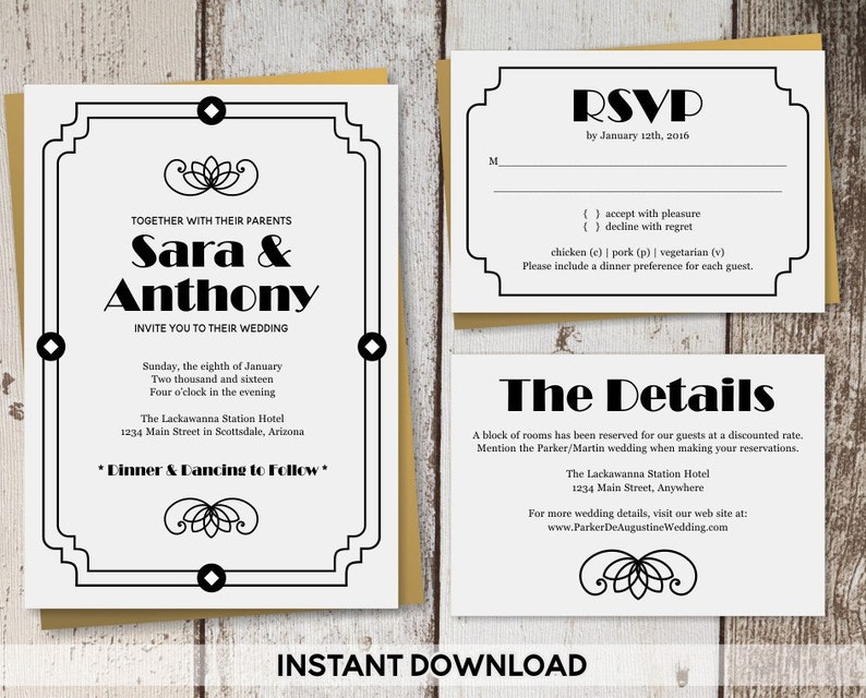 Art Deco Wedding Invitation Template Printable Roaring 20s Etsy