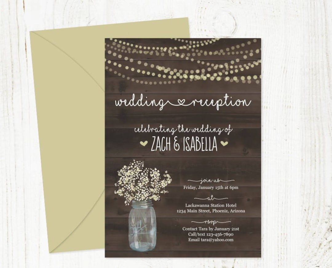Rustic Reception Only Invitation Template Printable Wedding Invite Fairy Lights, Wood, Mason Jar, Baby Breath Digital Instant Download - Etsy rustic-wedding-invitation-rustic-wood-and-mason-jar-lights-instant-download-self-editable-template-a241-etsy