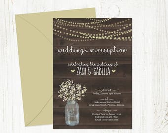 Rustic Reception Only Invitation Template - Printable Wedding Invite - Fairy Lights, Wood, Mason Jar, Baby Breath - Digital Instant Download