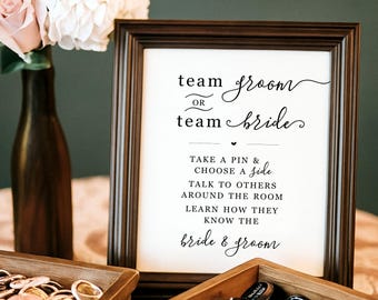 Team Groom or Team Bride Wedding Sign, Guest Icebreaker Print, Fun Wedding Activity, Printable, 8x10 JPG + PDF with Trim Marks