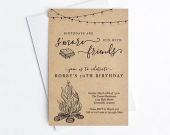 Smore Birthday Party Invitation Template, Boy Girl Backyard Bonfire Campfire Camping Editable Invite & Evite Instant Download Digital File