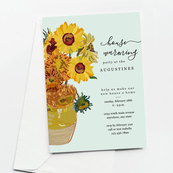 Van Gogh Sunflowers Housewarming Party Invitation Template, Printable Unique Floral Flowers in a Vase Invite Instant Download Digital File
