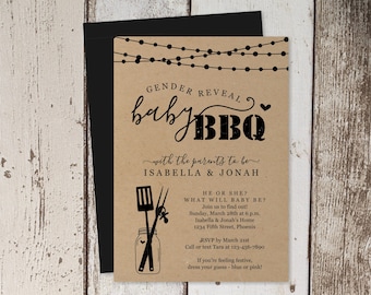 Gender Reveal BBQ Invitation Template - Printable He or She Party Kraft Paper Invite - Instant Download Digital File PDF Barbecue Barbeque