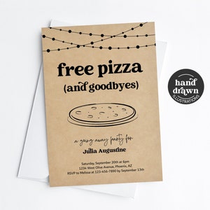 May include: A brown paper invitation with string lights at the top. The text reads "free pizza (and goodbyes)" with a drawing of a pizza underneath. The invitation is for a going away party for Julia Augustine on Saturday, September 20th at 6pm at 1234 West Olive Avenue, Phoenix, AZ. RSVP to Melissa at 123-456-7890 by September 13th.