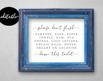 Editable Funny Bathroom Sign, Printable Please Do Not Flush Quote, Sensitive Plumbing, Don't Flush Anything but TP, Instant Download Digital