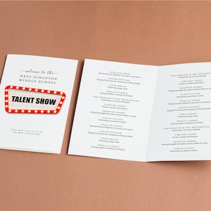 May include: A tri-fold program for the West Scranton Middle School Talent Show. The cover features the words "TALENT SHOW" in a marquee-style design with red lights. The program lists performers and acts.
