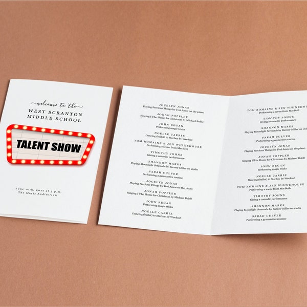 Talent Show Program Template, Printable Pamphlet, Editable Word Doc Download Folded Booklet, Elementary Middle High School Church, Variety