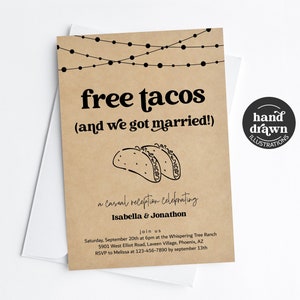 Modello di invito gratuito per solo ricevimento divertente Tacos, ricevimento di nozze divertente stampabile Invito per festa messicana Evite Scarica file digitale Kraft