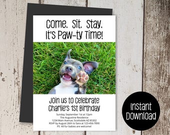 Puppy's 1st Birthday Party Invitation - Printable Template w Photo - Dog / Cat First Paw-ty - DIY Instant Download Digital File - 5x7 PDF