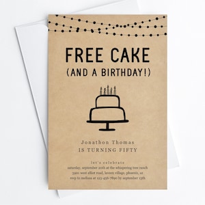 Modèle d'invitation de fête d'anniversaire drôle de gâteau gratuit, invitation imprimable amusante Evite, 30e 40e 50e 60e homme femme adulte Télécharger le fichier numérique