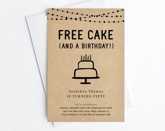 Free Cake Funny Birthday Party Invitation Template, Fun Printable Invite Evite, 30th 40th 50th 60th Man Woman Adult Download Digital File