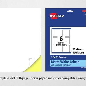 May include: A package of Avery Matte White Labels, 3" x 3" square, with Sure Feed Technology, for laser and inkjet printers. The package is blue and white, with the Avery logo and information about the labels. The package contains 25 sheets with 150 labels.