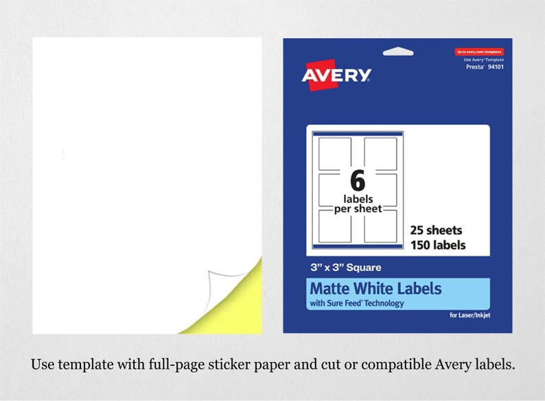May include: A package of Avery Matte White Labels, 3" x 3" square, with Sure Feed Technology, for laser and inkjet printers. The package is blue and white, with the Avery logo and information about the labels. The package contains 25 sheets with 150 labels.