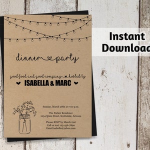 Dinner Party Invitation - Printable Template - Rustic Mason Jar - Kraft ...