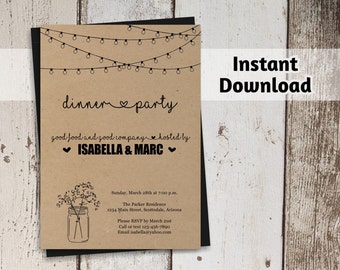 Dinner Party Invitation - Printable Template - Rustic Mason Jar - Kraft Paper - Instant Download Digital File - Adult Dinner Invitation