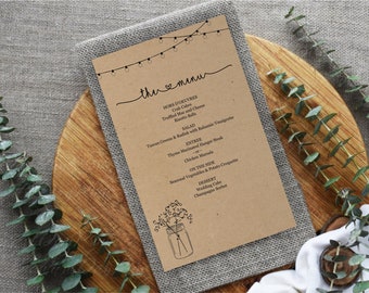 Printable Wedding Menu Template - Rustic Bar Menu - Hand Drawn Mason Jar, Lights, Baby Breath, Kraft Paper DIY PDF Instant Download 4x6 5x7