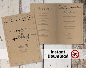 Printable Wedding Program Template - Folded Program - Rustic String, Fairy Lights, Calligraphy - PDF Instant Download Digital File Booklet