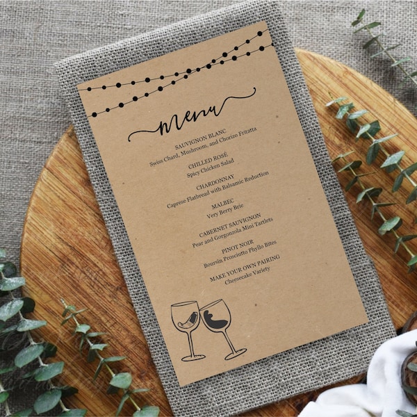 Printable Wine Menu Template, Wine Bar Menu, Wine Tasting, Winery, Rustic Kraft Paper, Fairy Light, PDF Instant Download Digital File