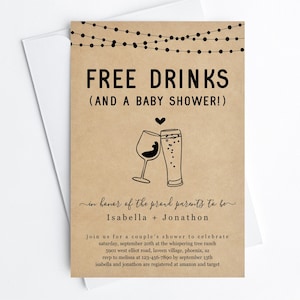 Modello di invito per baby shower per coppie divertenti con bevande gratuite, divertente brindisi con vino e birra, genere neutro, invito per ragazzo e ragazza, invito a scaricare il file digitale