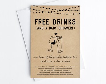 Free Drinks Funny Couple's Baby Shower Invitation Template, Fun Wine & Beer Toast Gender Neutral Boy Girl Invite Evite Download Digital File