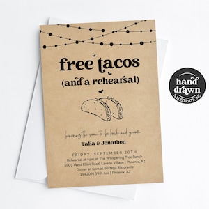 Modello di invito per la cena di prova generale di Taco divertente, invito alla prova di matrimonio di Taco gratuito stampabile divertente Evite, file digitale di download Kraft
