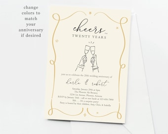 Cheers Wedding Anniversary Party Invitation Template, Printable Hand Drawn Wine Champagne Invite 25th 25 40th 40 50th 50 Year Surprise
