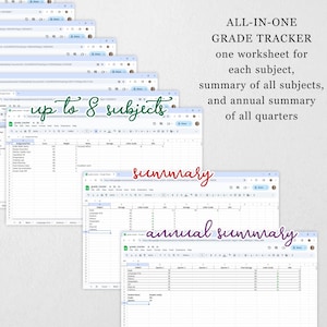 May include: A digital grade tracker with multiple open browser windows displaying spreadsheets. Text includes "ALL-IN-ONE GRADE TRACKER", "up to 8 subjects", "summary", and "annual summary". The spreadsheets appear to be organized by subject and quarter.