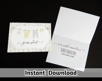 Personalized Pregnancy Announcement Card Download - Printable Pregnancy Reveal Template - Rustic Instant Digital File PDF Onesie Clothesline