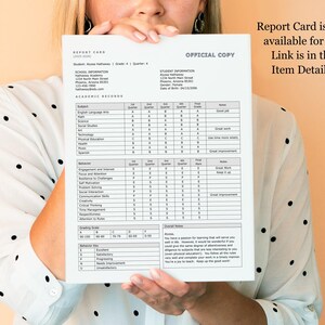 May include: A white report card with black text. The report card is for a student named Aaliyah Matthews. The report card includes grades for subjects such as English Language Arts, Math, Science, Social Studies, Technology, Art, Physical Education, Health, Spanish, and more. The report card also includes a section for behavior and a grading scale. The report card is labeled "Official Copy". The text "Report Card is also available for $6. Link is in the Item Details." is visible in the upper right corner of the image.
