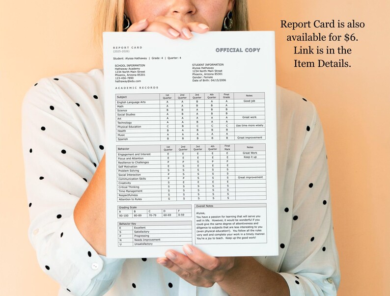 May include: A white report card with black text. The report card is for a student named Aaliyah Matthews. The report card includes grades for subjects such as English Language Arts, Math, Science, Social Studies, Technology, Art, Physical Education, Health, Spanish, and more. The report card also includes a section for behavior and a grading scale. The report card is labeled "Official Copy". The text "Report Card is also available for $6. Link is in the Item Details." is visible in the upper right corner of the image.