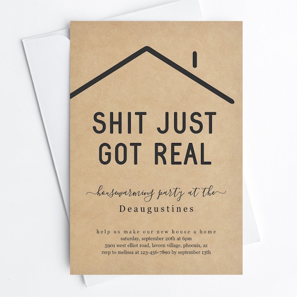 Shit Just Got Real Funny Housewarming Party Invitation Template, Fun Printable House Warming Invite Evite, Instant Download Digital Editable
