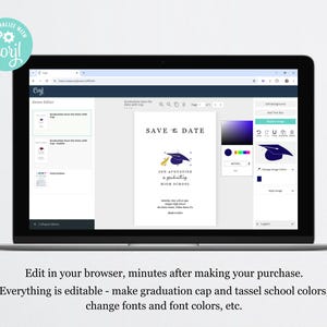 May include: A computer screen displaying a website with a graduation save the date card template. The template features a blue and gold graduation cap with a tassel, stars, and the text "Save the Date". The website allows users to customize the card with their own text, colors, and fonts.