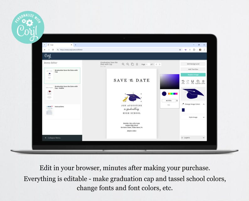 May include: A computer screen displaying a website with a graduation save the date card template. The template features a blue and gold graduation cap with a tassel, stars, and the text "Save the Date". The website allows users to customize the card with their own text, colors, and fonts.