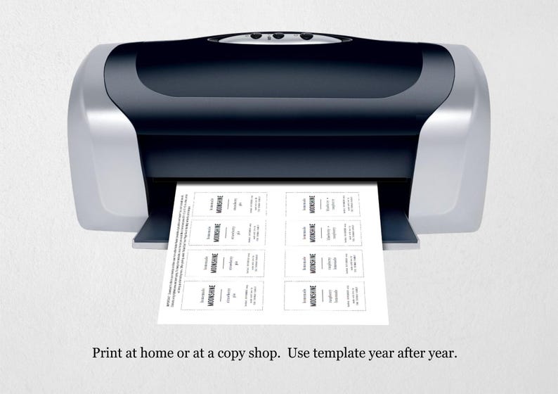 May include: A black and silver printer with a sheet of paper in the output tray. The paper has a grid of squares with the word "MOONSHINE" printed in each square. The text "Print at home or at a copy shop. Use template year after year." is printed below the printer.