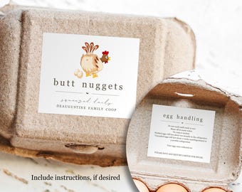Butt Nuggets Egg Carton Labels and Handling Instructions - Set of 9 (18 in all) Personalized Farm Fresh Egg Stickers - Water & Oil Resistant