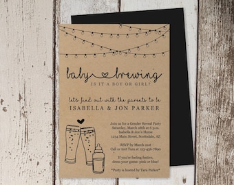 Baby Brewing Gender Reveal Party Invitation Template - Printable Brewery Beer & Baby Bottle - Kraft Paper - Instant Download Digital File