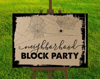 Halloween Neighborhood Block Party Sign, Printable Decoration, Street Neighbor Get Together Welcome Poster, Instant Download Digital File