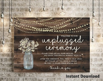 Unplugged Ceremony Sign  - Rustic Baby Breath, Mason Jar, Light, Wood - Printable DIY Wedding Poster - PDF JPG Instant Download Digital File